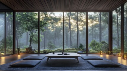 Fototapeta premium Modern minimalist living room with large windows offering a serene forest view, featuring low seating and a coffee table.