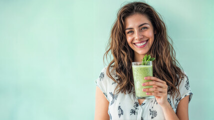 Smiling woman holding a healthy green smoothie with fresh mint in a glass, enjoying a refreshing, nutritious drink against a pastel green background