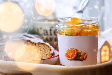 Jar of orange jam close up. Festive breakfast.