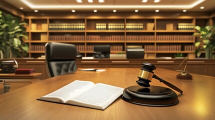 A courtroom setting featuring a gavel, an open book, and shelves of legal books.