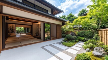 Fototapeta premium A serene traditional Japanese house featuring a garden, sliding doors, and a peaceful pathway under a clear blue sky.