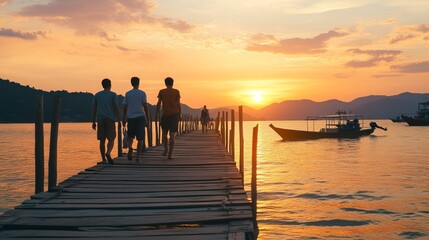 Fototapeta premium Tourists bask in the sunset's glow as they stroll along a wooden pier in Samaesan, Thailand. The group consists of two European men and an Asian woman, all enjoying the tranquility of the moment. 