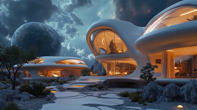 Futuristic vacation home on an extraterrestrial planet with a stunning cosmic landscape