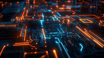 Abstract digital circuitry with glowing orange and blue lines
