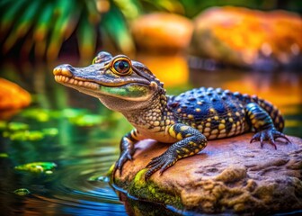 Naklejka premium Resting on a rock beside the water, a cute baby alligator flaunts its vibrant scales and displays an