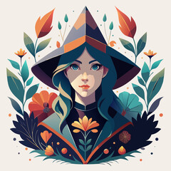 Naklejka premium A striking portrait of a young woman dressed in a witch's attire, adorned with flowers and foliage, capturing an enchanting and whimsical essence.