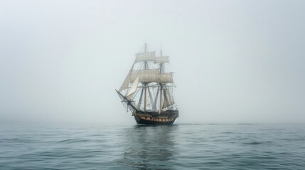 Fototapeta premium Ship Sailing. Vintage Wooden Frigate navigating the Ocean with Sails into the Sea fog bank