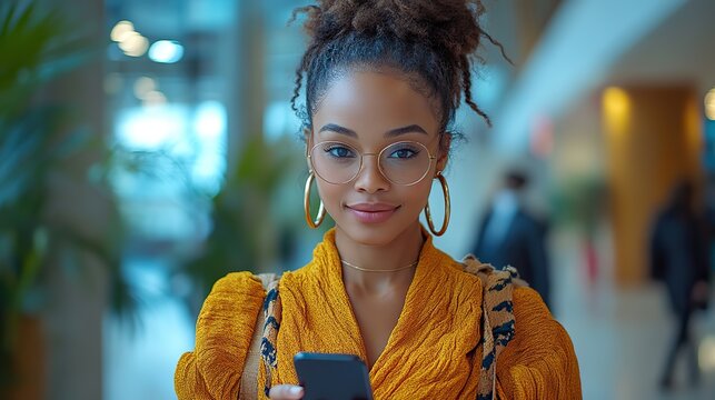 An African American businesswoman using a smartphone in a corporate setting, highlighting modern tech usage in professional environments.