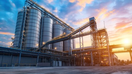 Obraz premium Industrial facility with silos and conveyor belts against a sunset backdrop.