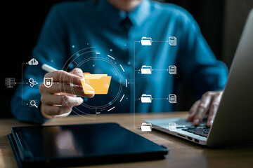 Businesswoman manage e-document system Online in Data Center server, Document management share file...