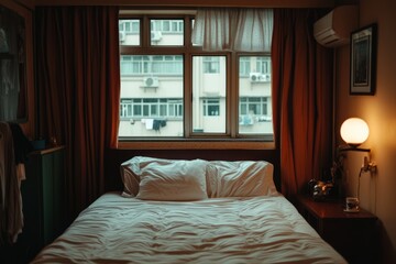 A Bedroom With Blackout Curtains And A Comfortable Mattress. The Dark And Cozy Setting Is Ideal For A Good Night's Rest