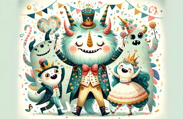 Naklejka premium Monstruos de Fiesta: Celebración de Criaturas Fantásticas