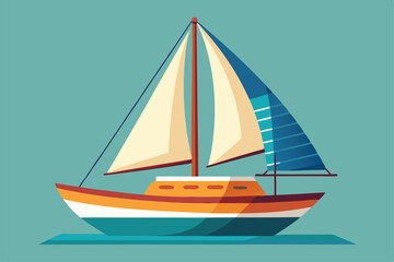 Fototapeta premium A customizable sailboat with colorful sails navigates serene waters under a clear sky, Customizable sailboat illustration with semi-flat design.