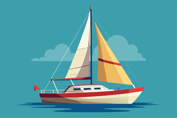 Fototapeta premium A colorful sailboat with vibrant sails glides across calm waters under a clear sky and soft clouds, Customizable sailboat illustration with semi-flat design.