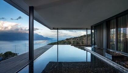 Fototapeta premium Balcony with panoramic window and ocean and mountain view. Modern interior of black marble room with terrace. Luxury studio for design of nature trips.
