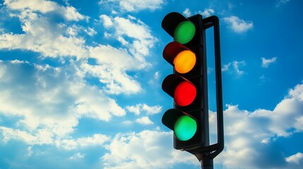 Traffic light against a bright blue sky with white clouds. All three lights are illuminated: green, amber, and red. 