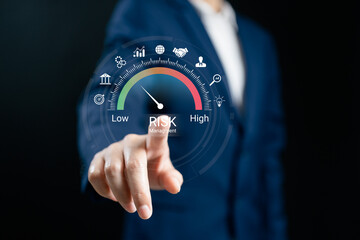 Businesswoman analyzing risk and opportunities to planning business via risk level indicator virtual rating low to high digital virtual, Risk Acceptance, Risk management strategies concept.