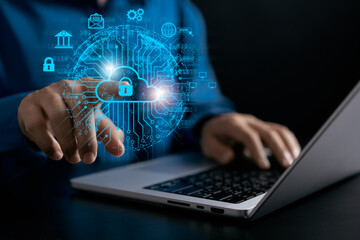 Businessmen connecting to databases on the cloud virtual, ecosystems cloud computing, data center organization, efficiently management data, document management systems online concept.