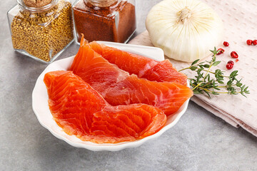 Salted raw salmon fillet appetizer