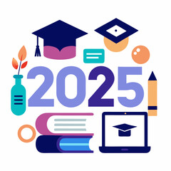 2025 . Educational Conference 2025 Books forming the number 2025 with a graduation cap chalkboard , Glowing 2025 numbers decorated for new year celebration , HAPPY new year 2025 