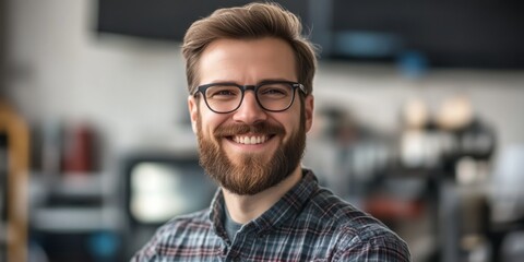 Obraz premium Smiling man with glasses in a casual plaid shirt. He stands confidently in a creative workspace. The image captures warmth and approachability. Great for business and lifestyle themes. AI