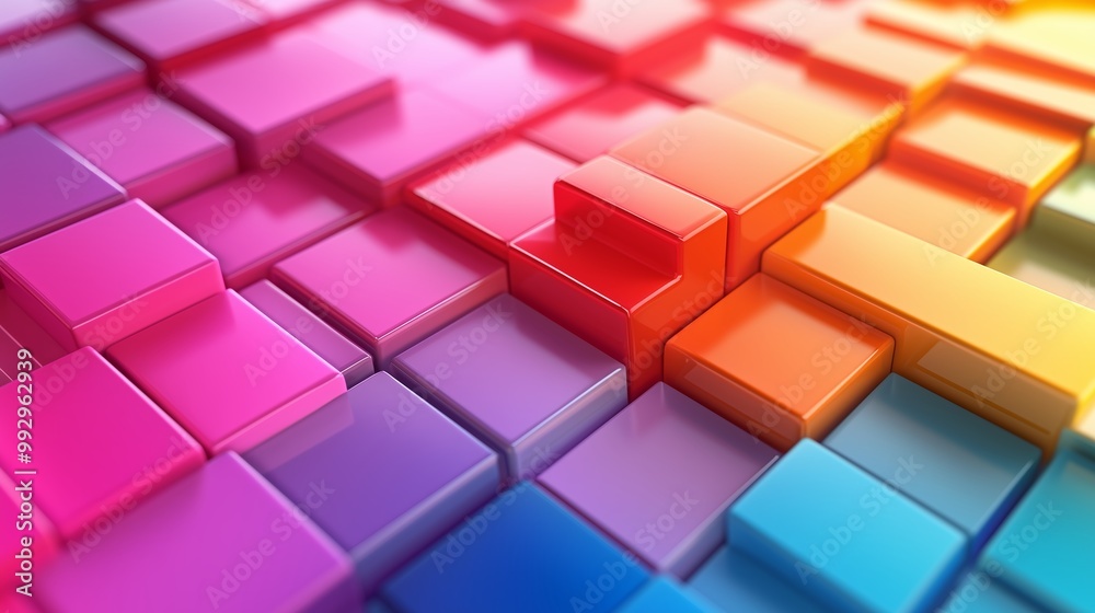Poster colorful geometric blocks arranged in layers create a vibrant abstract background with variations of