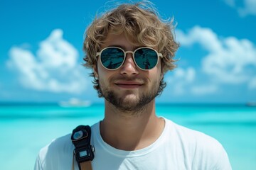 Man with blonde hair and a beard is wearing sunglasses and a white shirt. He is smiling and standing on a beach. A male photographer at very futuristic beach in summer holiday and party mood