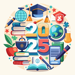 2025 . Educational Conference 2025 Books forming the number 2025 with a graduation cap chalkboard , Glowing 2025 numbers decorated for new year celebration , HAPPY new year 2025 