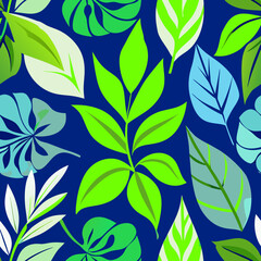 Vibrant foliage pattern on dark blue background with colourful leaves in a modern vector floral design, perfect for wallpaper and nature-inspired art