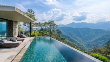 Fototapeta premium Luxe mountaintop villa with an infinity pool and panoramic views of majestic mountain ranges