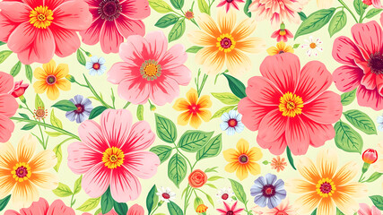 Seamless pattern with colorful flowers and leaves. Vector illustration.