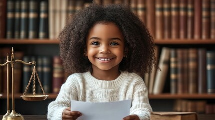 Cute dark skinned child smiling and holding court paper on table scales