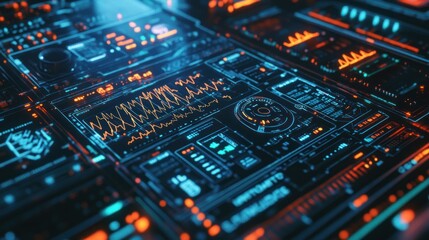 A futuristic interface with glowing panels and data visualizations.