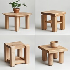 Set of minimalist wooden tables with modern design, ideal for home and office decor. Includes plant and cup accessories.