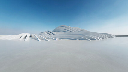 3d render of abstract wavy structure, futuristic architecture with empty concrete floor