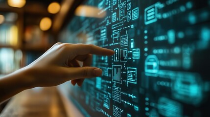 An edtech concept with a hand pressing a button on a screen emphasizes the ease of accessing education technology and e-learning.