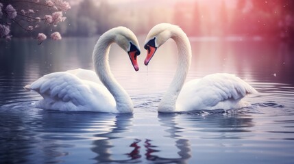 Romantic two swans forming heart shape with long necks on a serene lake, perfect for love-themed postcards, desktop wallpaper backgrounds, and elegant wedding invitations.


