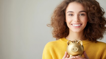 Smiling young woman in a yellow sweater holding a golden piggy bank, symbolizing savings, financial planning, and successful investment.