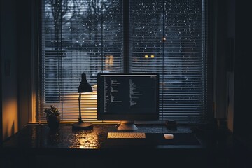 A Desk by a Window with a Computer and a Lamp Under Rainy Skies