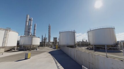 Industrial facility with large storage tanks and processing equipment under a clear sky.