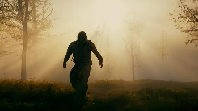 A lone eerie zombie walks through a foggy forest in the early morning, surrounded by mist and trees, creating an atmosphere of intrigue