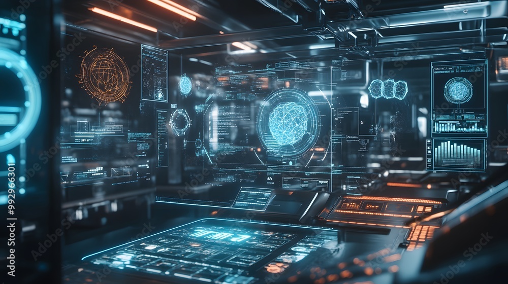 Poster futuristic control panel with holographic displays showing data and graphics