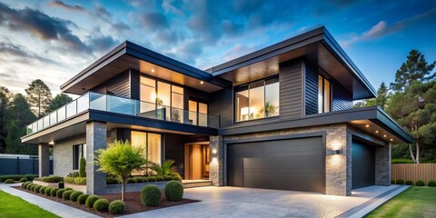 Fototapeta premium The modern house features sophisticated architecture, accentuated by elegant black eavestroughs that add a stylish