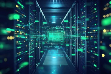 Holographic data streams flowing between servers in a dark server room, tech noir, green and blue lights, 3D render, intricate connections, digital pathways