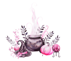 Halloween clipart. Black cauldron with potion, poisonous mushrooms, witch hat, glass transparent bottle with pink liquid, magic ball of predictions, pumpkin. Watercolor hand drawn cut out isolated