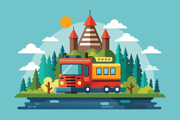 A camper truck parks beside a forested area with a whimsical castle and bright sun shining above, Customizable Semi Flat Illustration Stay