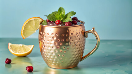 Cranberry mule cocktail with mint and lemon in copper mug