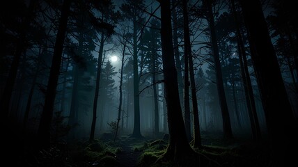 Fototapeta premium A dark and mysterious forest with a full moon in the background.