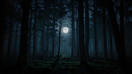 A dark and mysterious forest with a full moon in the background.