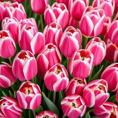 Fototapeta premium A vibrant bouquet of pink tulips with white edges, creating a striking color contrast Concept: tulip bouquet, spring flowers, floral beauty, nature contrast, seasonal bloom